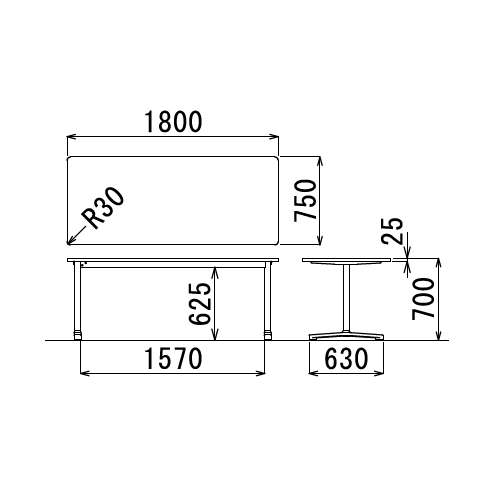 【廃番】会議用テーブル 2本固定脚 AL-1875K W1800×D750×H700(mm) 角形天板 アルミダイキャストベース商品画像3