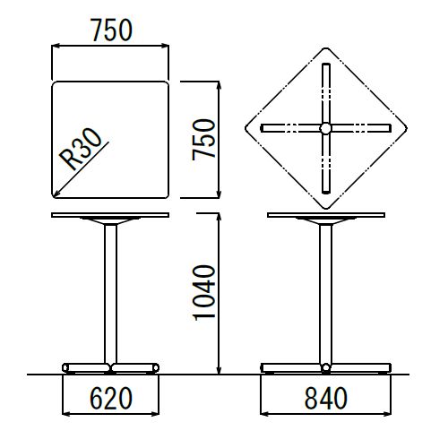 【廃番】会議用テーブル ハイタイプ 正方形天板 750mm角 BTHW-750K W750×D750×H1040(mm) 1本＋クロス脚 ホワイト塗装脚 アジャスター付き商品画像2