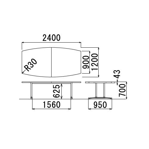 【廃番】会議用テーブル 2本固定脚 DWL-2412B W2400×D1200×H700(mm) ボート形(舟形)天板 アルミダイキャストベース商品画像4