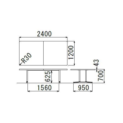 【廃番】会議用テーブル 2本固定脚 DWL-2412K W2400×D1200×H700(mm) 角形天板 アルミダイキャストベース商品画像3