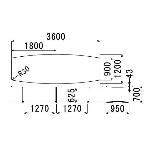 【廃番】会議用テーブル 2本固定脚 DWL-3612B W3600×D1200×H700(mm) ボート形(舟形)天板 アルミダイキャストベース商品画像3