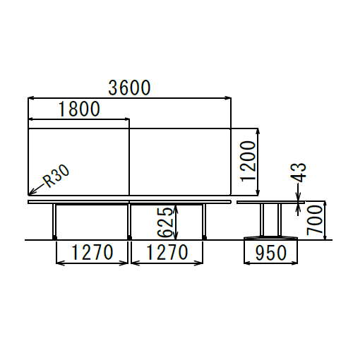 【廃番】会議用テーブル 2本固定脚 DWL-3612K W3600×D1200×H700(mm) 角形天板 アルミダイキャストベース商品画像3