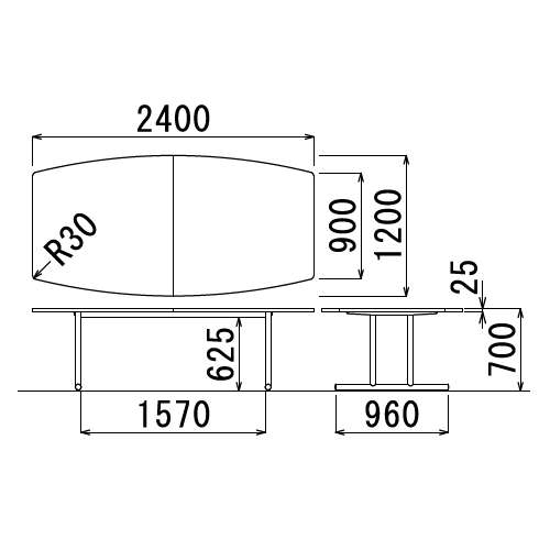 【廃番】会議用テーブル 2本固定脚 DWS-2412B W2400×D1200×H700(mm) ボート形(舟形)天板 粉体塗装商品画像3