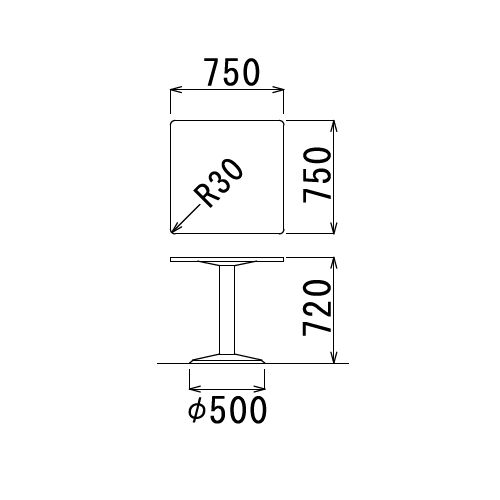 【廃番】会議用テーブル 正方形天板 750mm角 ETS-750K W750×D750×H720(mm) 1本脚テーブル シルバー塗装脚商品画像2