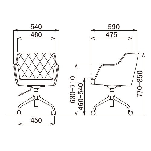 オフィスカジュアルチェア アイコ OC-538 キャスター脚 肘あり φ50ナイロン双輪キャスター ガスリフト上下調整機能商品画像9