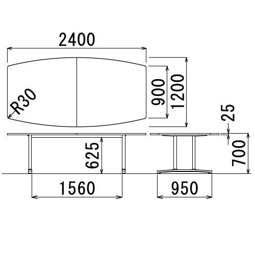 【廃番】会議用テーブル 2本固定脚 WAL-2412B W2400×D1200×H700(mm) ボート形(舟形)天板 アルミダイキャストベース商品画像3