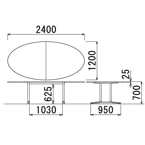 【廃番】会議用テーブル 2本固定脚 WAL-2412E W2400×D1200×H700(mm) タマゴ形(卵形)天板 アルミダイキャストベース商品画像3