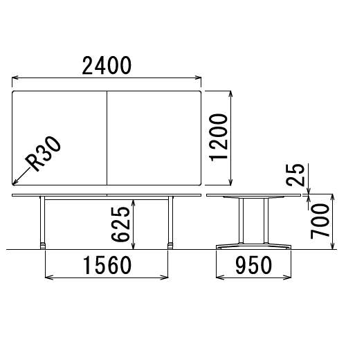 【廃番】会議用テーブル 2本固定脚 WAL-2412K W2400×D1200×H700(mm) 角形天板 アルミダイキャストベース商品画像3