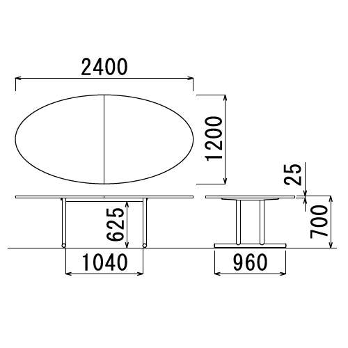 【廃番】会議用テーブル 2本固定脚 WT-2412E W2400×D1200×H700(mm) タマゴ形(卵形)天板 クロームメッキ商品画像3