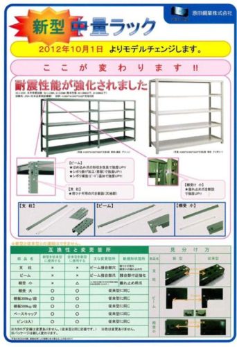 中量スチール棚の耐震性能強化によるモデルチェンジのパンフレット