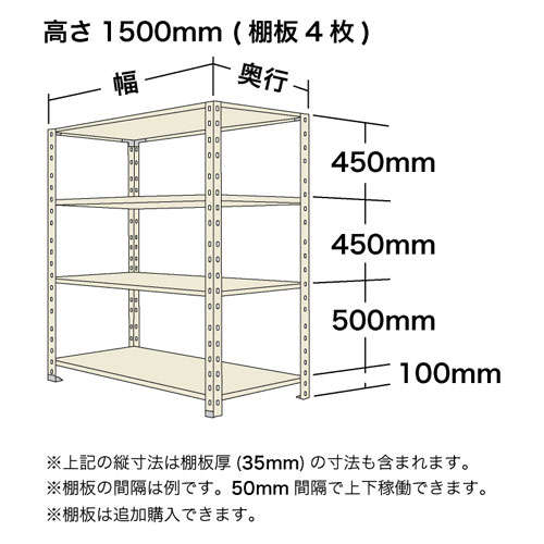 オープン棚（軽量スチール棚）高さ1500mmタイプの寸法図